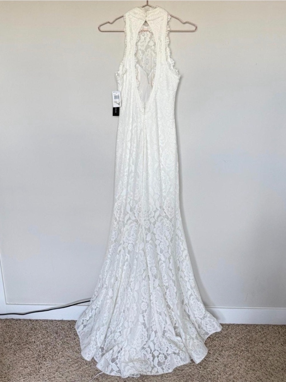 Betsy & Adam White High-Neck Lace Mermaid Wedding Dress - Picture 3 of 6